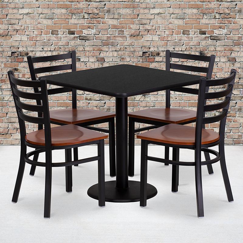 30'' Square Black Table Set with 4 Ladder Back Metal Chairs - Cherry Wood Seat. Picture 1