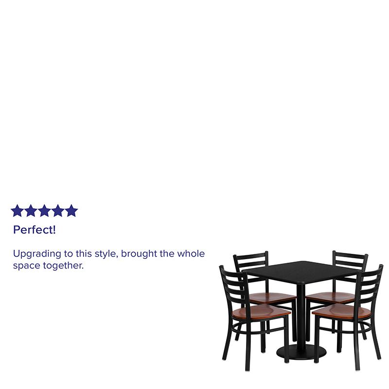 30'' Square Black Laminate Table Set with 4 Ladder Back Metal Chairs - Cherry Wood Seat. Picture 3