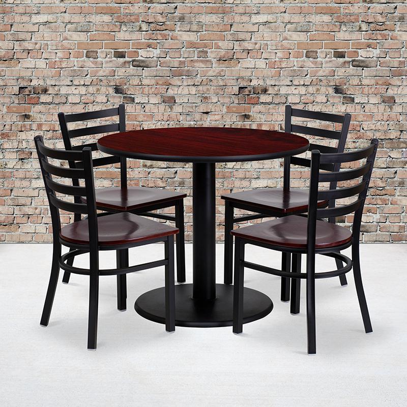 36'' Round Mahogany Laminate Table Set with 4 Ladder Back Metal Chairs - Mahogany Wood Seat. Picture 2