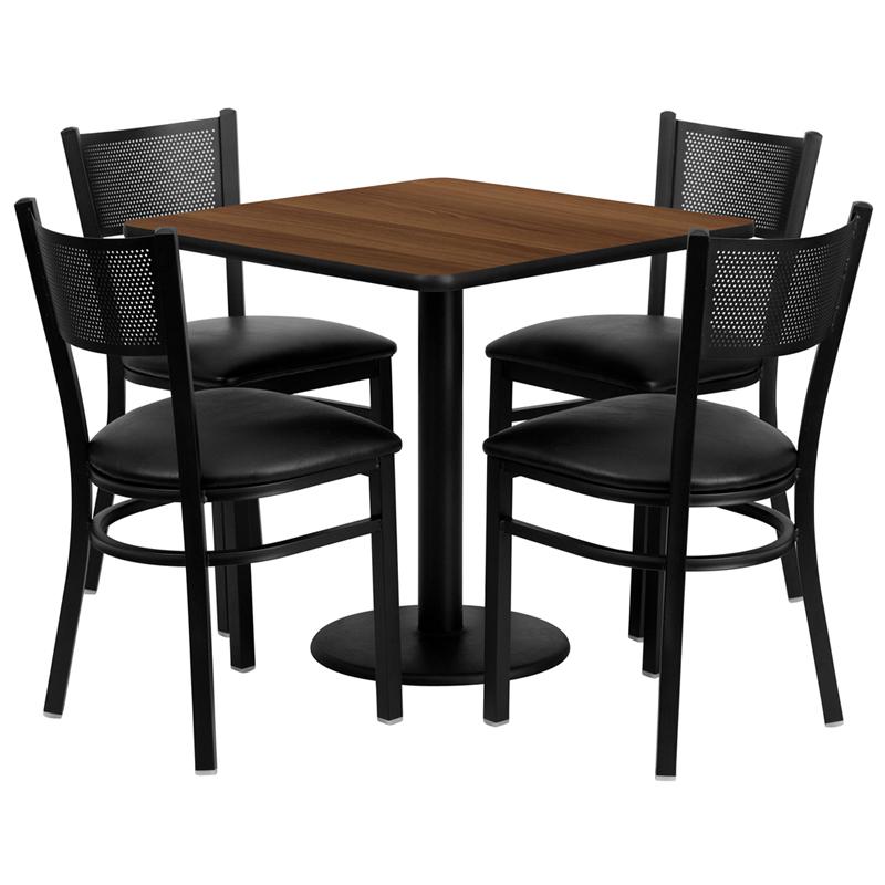 30'' Square Walnut Laminate Table Set with 4 Grid Back Metal Chairs - Black Vinyl Seat. The main picture.