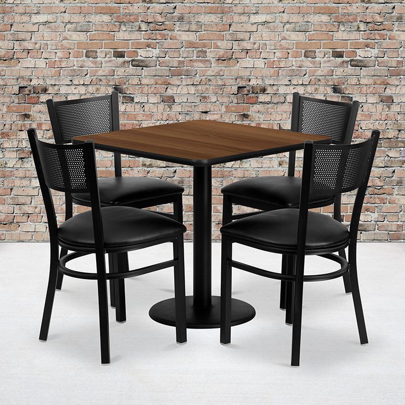 30'' Square Walnut Laminate Table Set with 4 Grid Back Metal Chairs - Black Vinyl Seat. Picture 2