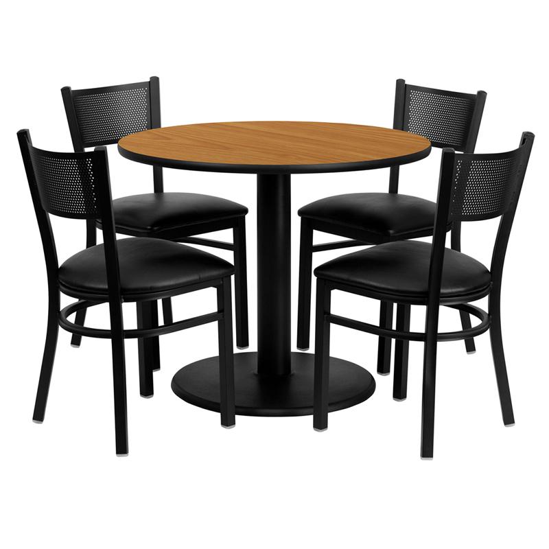 36'' Round Natural Laminate Table Set with 4 Grid Back Metal Chairs - Black Vinyl Seat. The main picture.