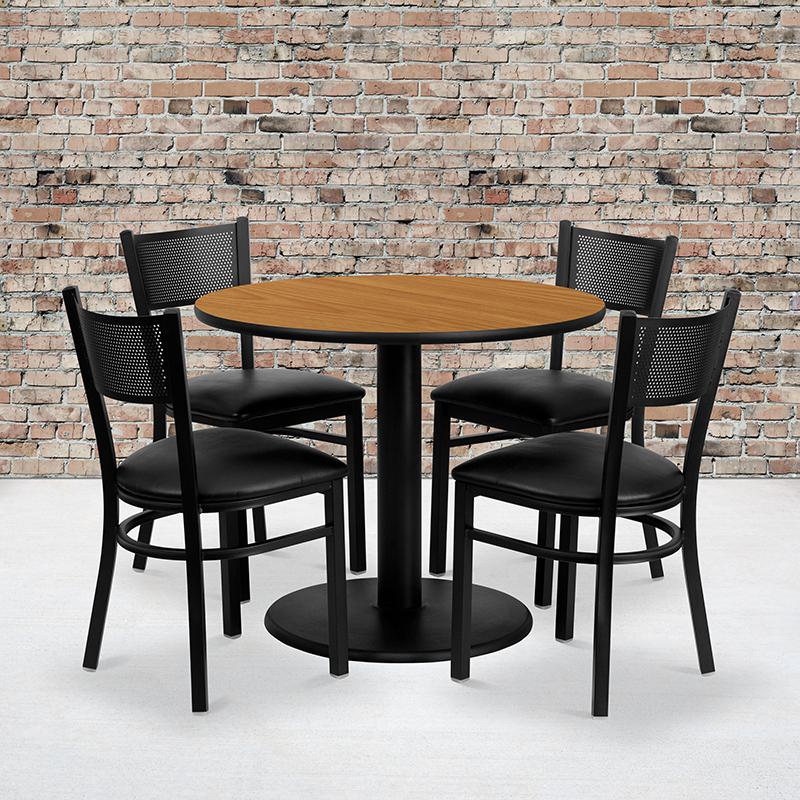 36'' Round Natural Laminate Table Set with 4 Grid Back Metal Chairs - Black Vinyl Seat. Picture 2