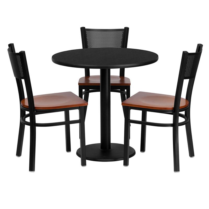 30'' Round Black Table Set with 3 Grid Back Metal Chairs - Cherry Wood Seat. Picture 2