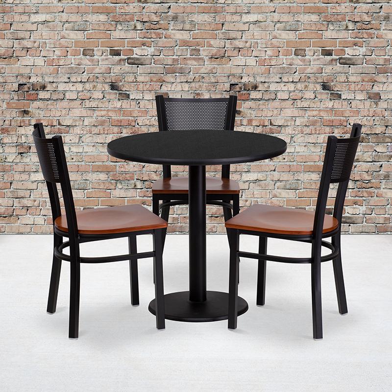 30'' Round Black Table Set with 3 Grid Back Metal Chairs - Cherry Wood Seat. Picture 1
