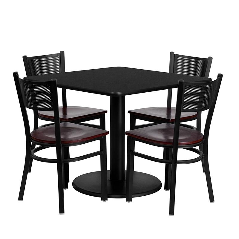 36'' Square Black Laminate Table Set with 4 Grid Back Metal Chairs - Mahogany Wood Seat. Picture 1