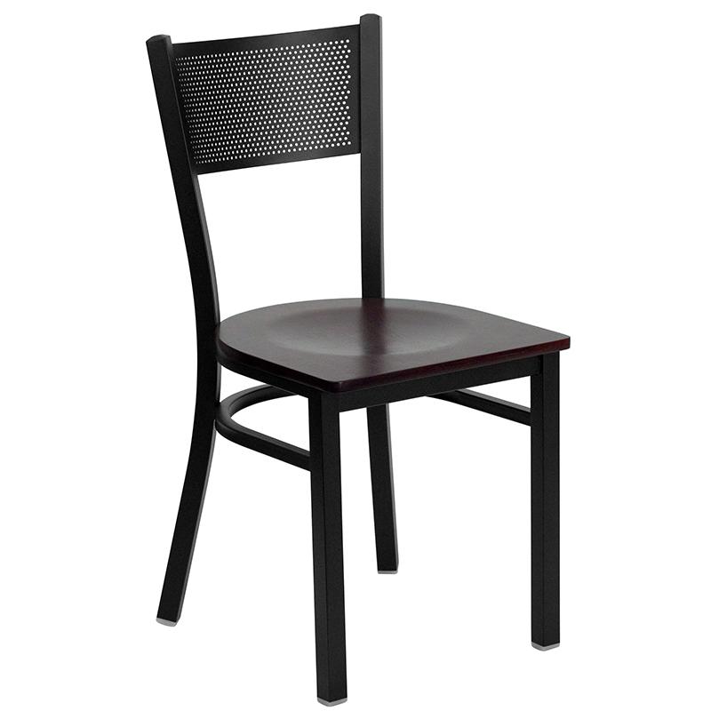 36'' Square Black Laminate Table Set with 4 Grid Back Metal Chairs - Mahogany Wood Seat. Picture 2