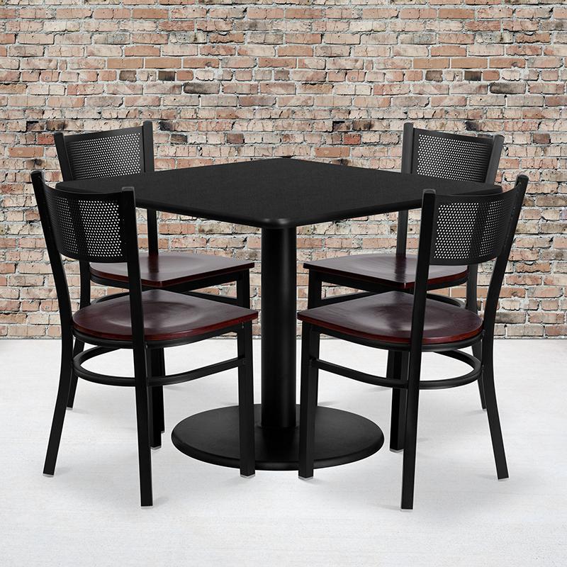 36'' Square Black Laminate Table Set with 4 Grid Back Metal Chairs - Mahogany Wood Seat. Picture 3