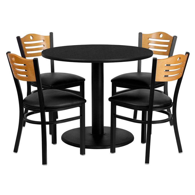 36'' Round Black Laminate Table Set with 4 Wood Slat Back Metal Chairs - Black Vinyl Seat. Picture 1