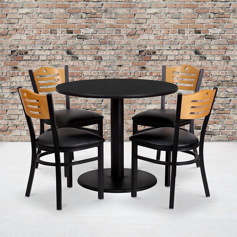 36'' Round Black Laminate Table Set with 4 Wood Slat Back Metal Chairs - Black Vinyl Seat. Picture 2