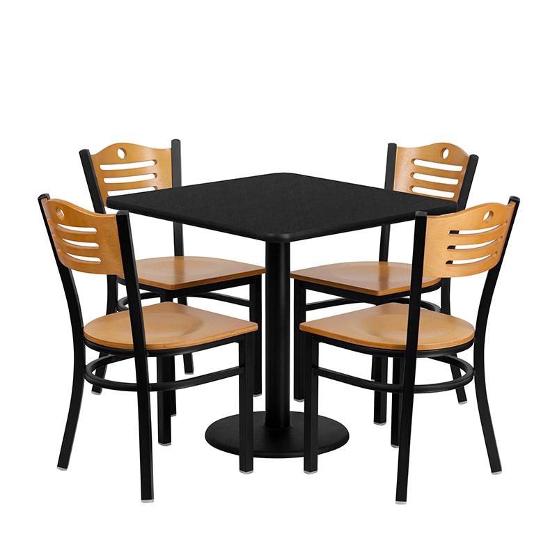 30'' Square Black Laminate Table Set with 4 Wood Slat Back Metal Chairs - Natural Wood Seat. Picture 1