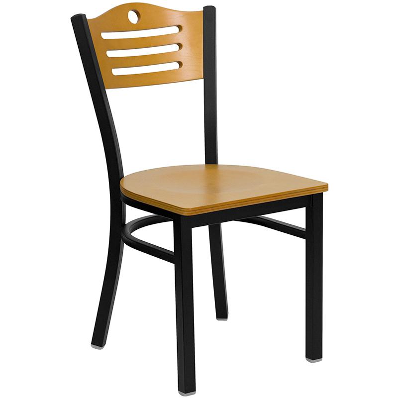 30'' Square Black Laminate Table Set with 4 Wood Slat Back Metal Chairs - Natural Wood Seat. Picture 2