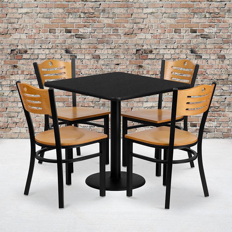 30'' Square Black Laminate Table Set with 4 Wood Slat Back Metal Chairs - Natural Wood Seat. Picture 3