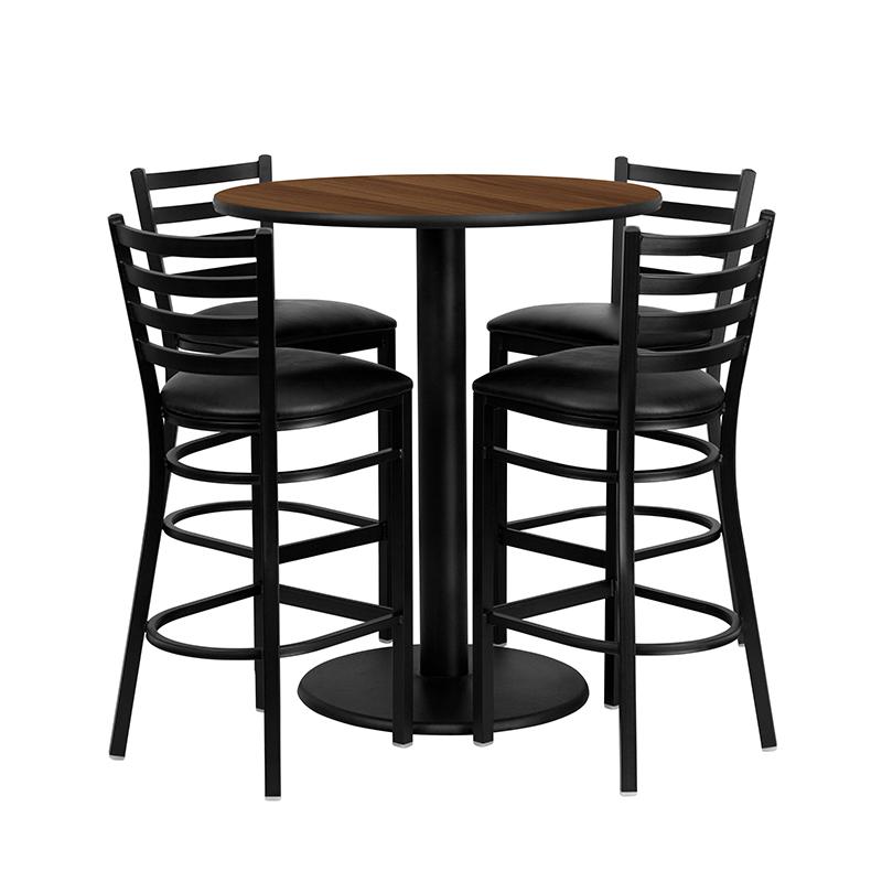 36'' Round Walnut Laminate Table Set with 4 Ladder Back Metal Barstools - Black Vinyl Seat. Picture 1