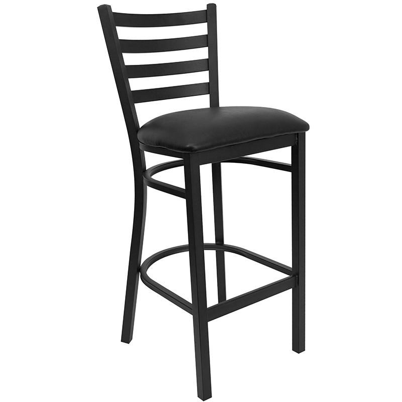 36'' Round Walnut Laminate Table Set with 4 Ladder Back Metal Barstools - Black Vinyl Seat. Picture 2