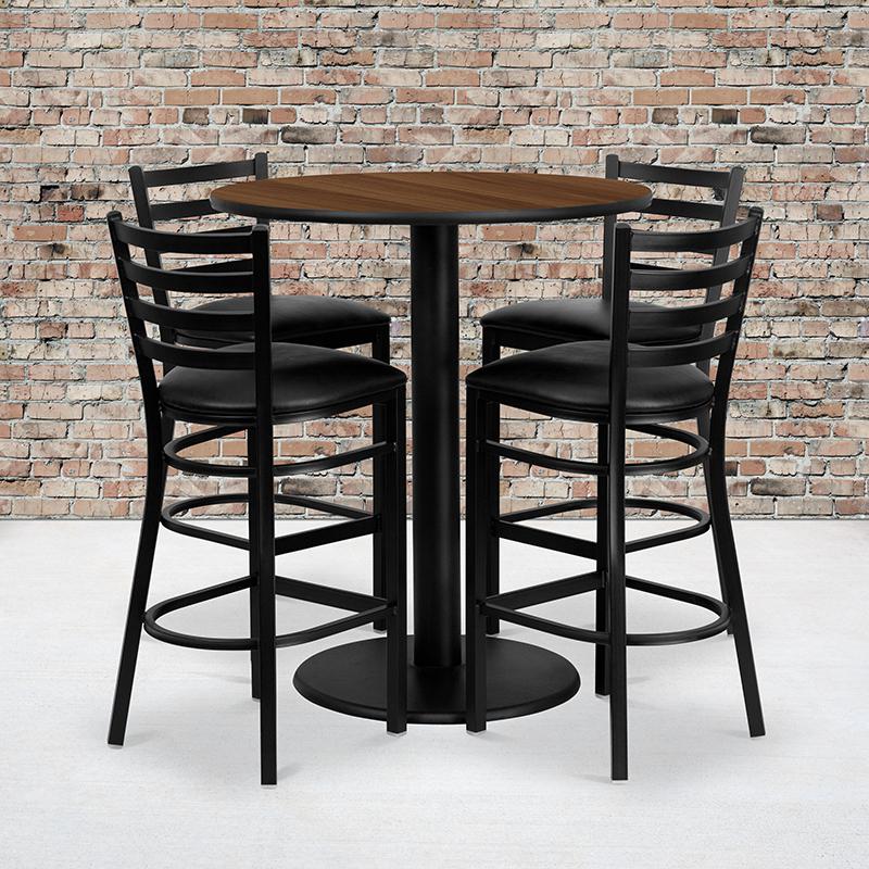36'' Round Walnut Laminate Table Set with 4 Ladder Back Metal Barstools - Black Vinyl Seat. Picture 3