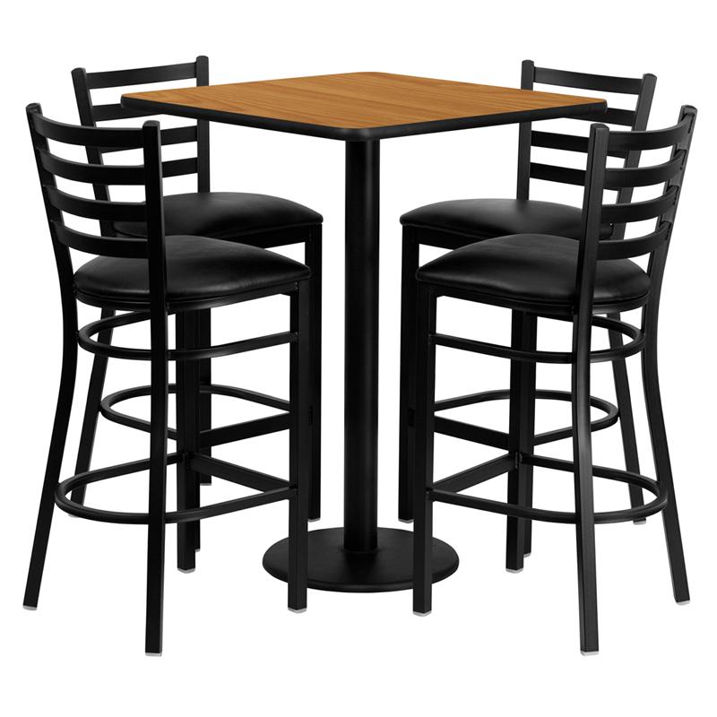 30'' Square Natural Laminate Table Set with 4 Ladder Back Metal Barstools - Black Vinyl Seat. The main picture.