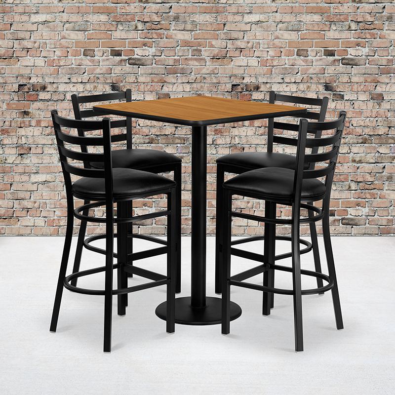 30'' Square Natural Laminate Table Set with 4 Ladder Back Metal Barstools - Black Vinyl Seat. Picture 2