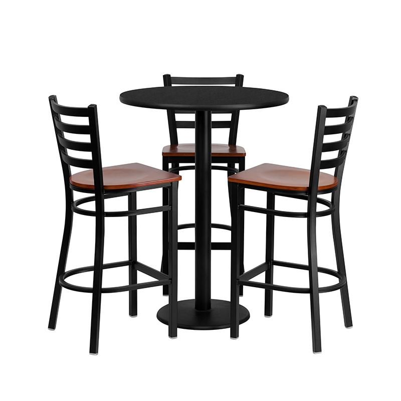 30'' Round Black Table Set with 3 Ladder Back Metal Barstools - Cherry Wood Seat. Picture 2