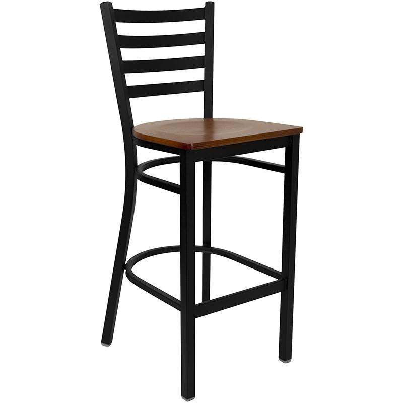 30'' Round Black Table Set with 3 Ladder Back Metal Barstools - Cherry Wood Seat. Picture 5