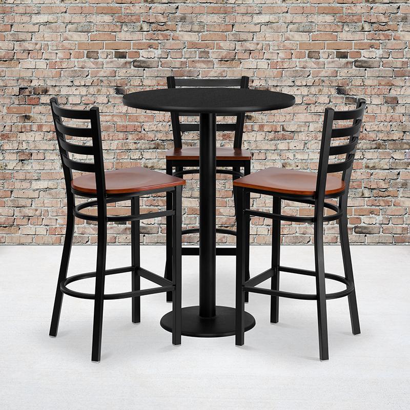 30'' Round Black Table Set with 3 Ladder Back Metal Barstools - Cherry Wood Seat. Picture 1