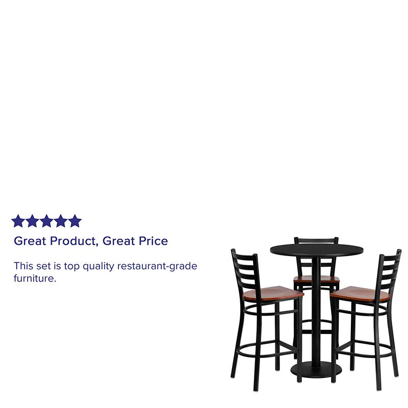 30'' Round Black Laminate Table Set with 3 Ladder Back Metal Barstools - Cherry Wood Seat. Picture 4