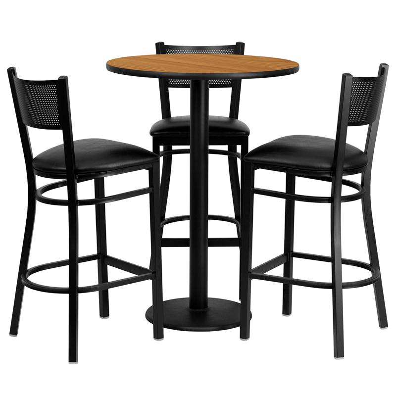 30'' Round Natural Table Set with 3 Grid Back Metal Barstools - Black Vinyl Seat. Picture 2