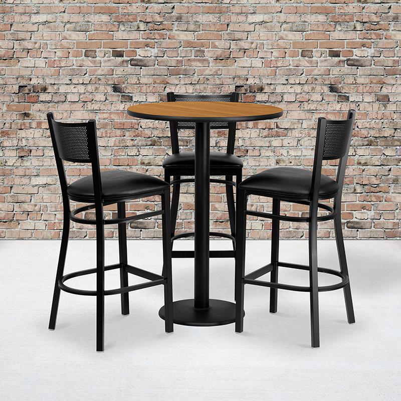 30'' Round Natural Table Set with 3 Grid Back Metal Barstools - Black Vinyl Seat. Picture 1