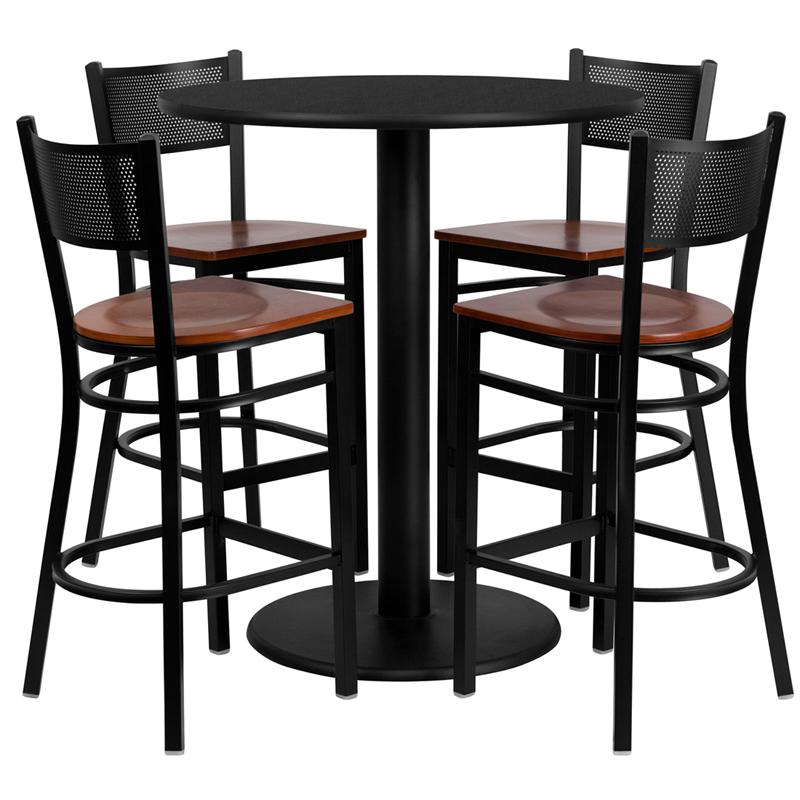 36'' Round Black Laminate Table Set with 4 Grid Back Metal Barstools - Cherry Wood Seat. The main picture.