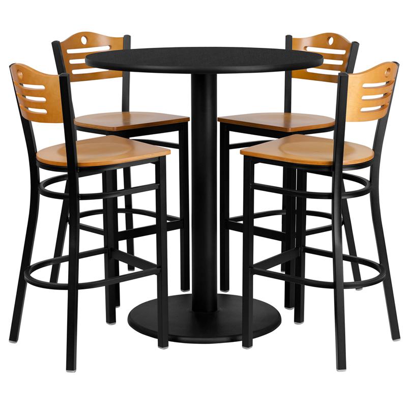 36'' Round Black Laminate Table Set with 4 Wood Slat Back Metal Barstools - Natural Wood Seat. Picture 1