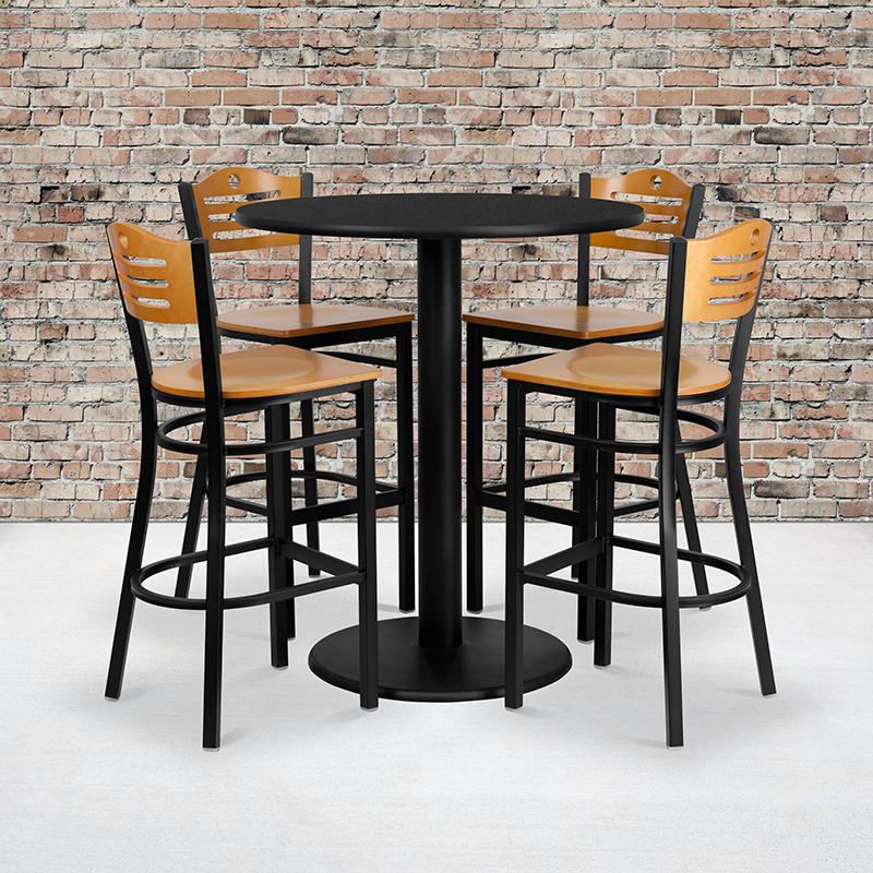 36'' Round Black Laminate Table Set with 4 Wood Slat Back Metal Barstools - Natural Wood Seat. Picture 2