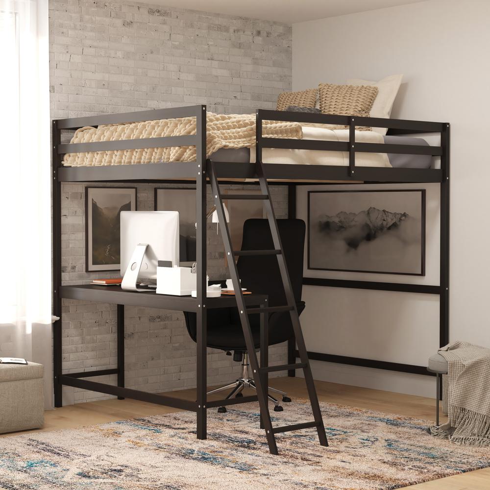 Loft Bed Frame with Desk, Full Size with Protective Guard Rails - Espresso. Picture 12