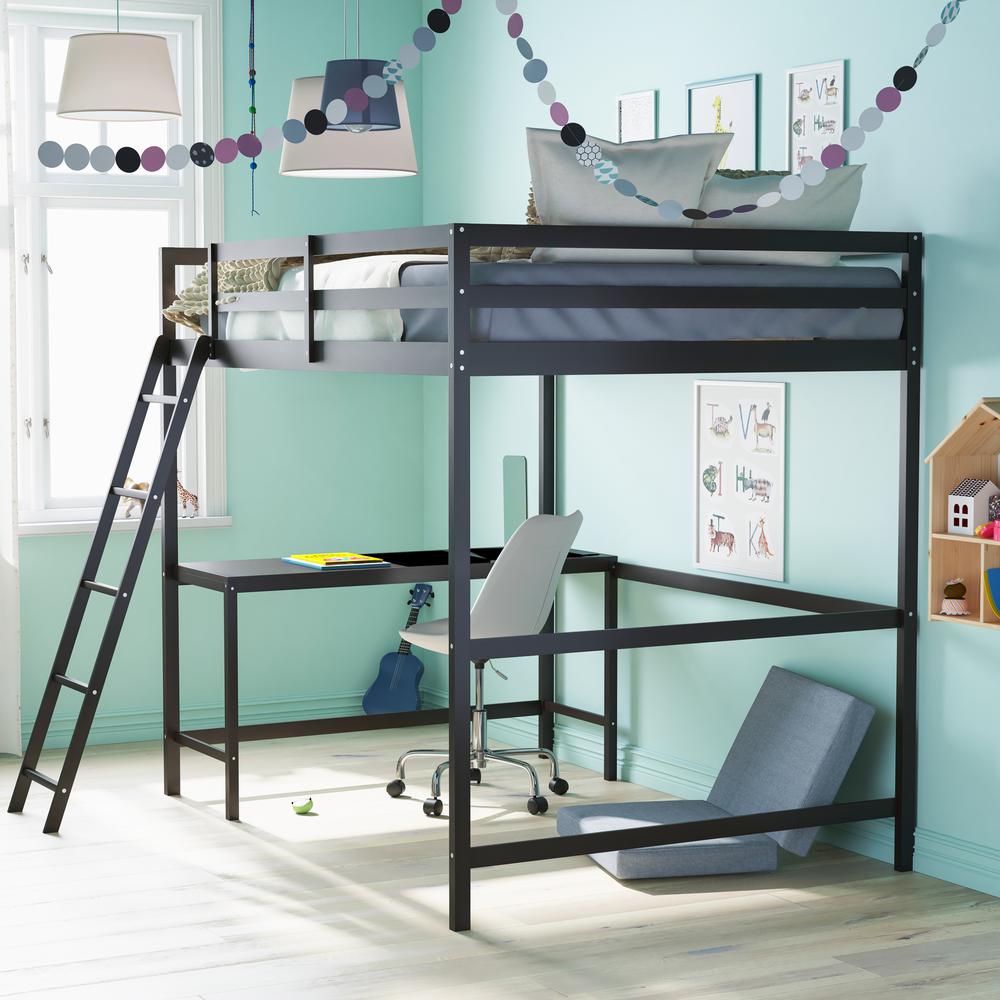 Loft Bed Frame with Desk, Full Size with Protective Guard Rails - Espresso. Picture 9