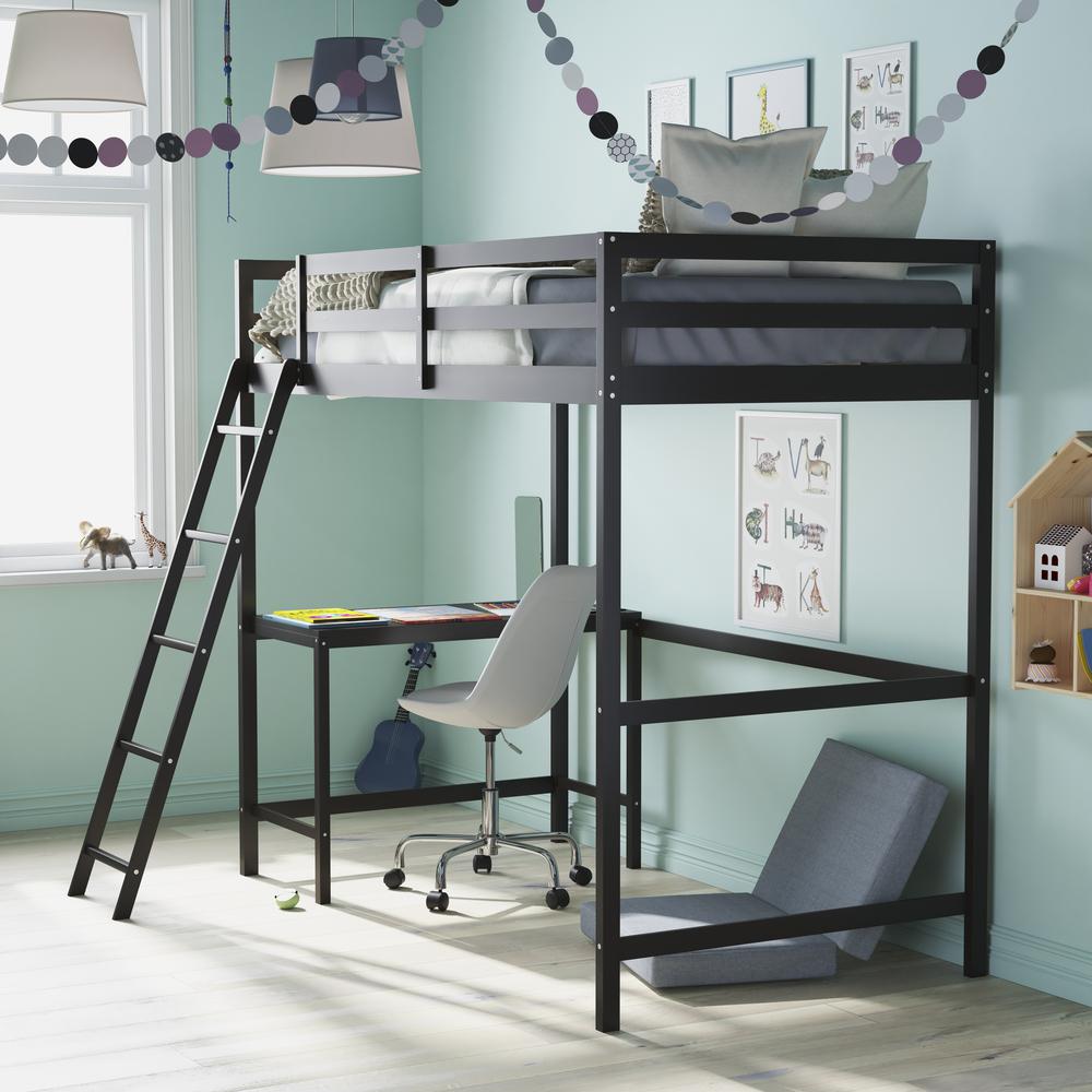 Loft Bed Frame with Desk, Twin Size with Protective Guard Rails - Espresso. Picture 9