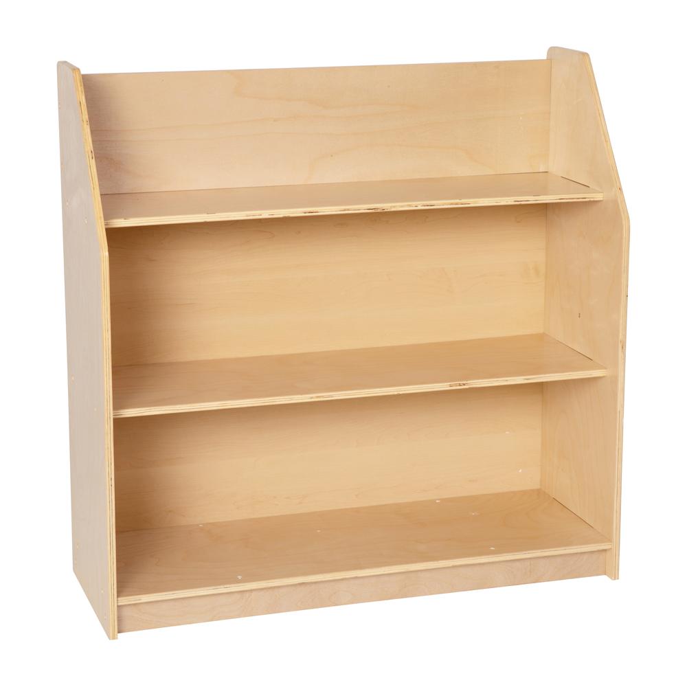 Natural Wooden 3 Shelf Book Display with Safe. Picture 1