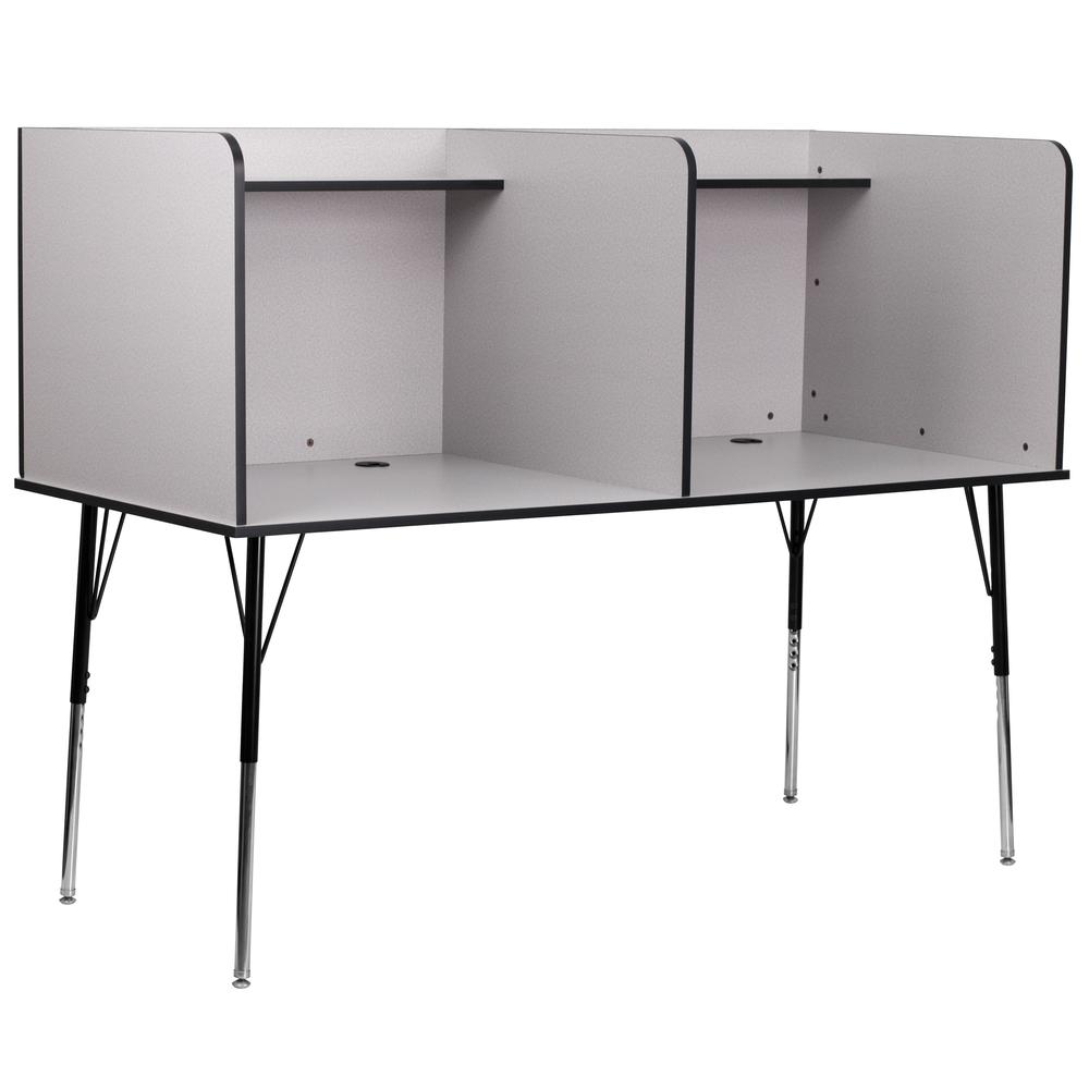 Stand-Alone Double Study Carrel with Top Shelf - Nebula Grey Finish. Picture 2