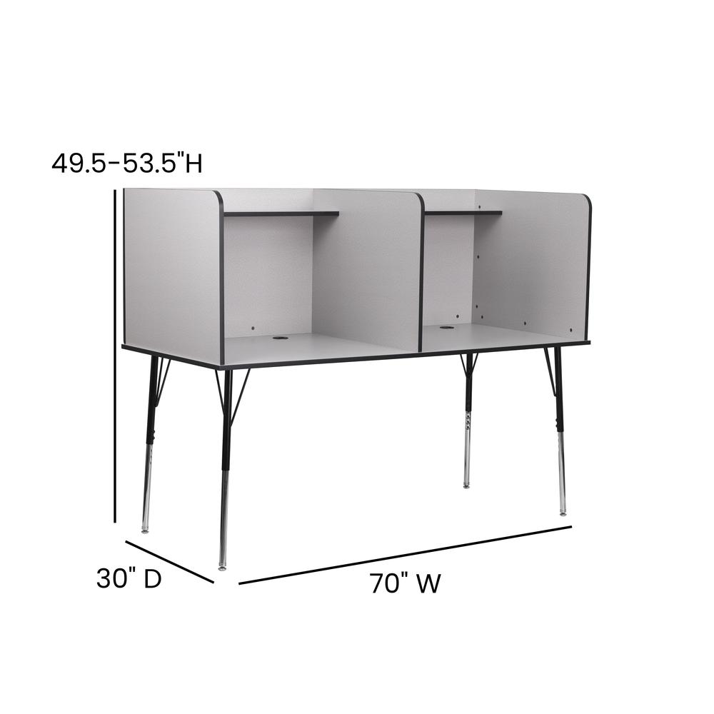 Stand-Alone Double Study Carrel with Top Shelf - Nebula Grey Finish. Picture 5