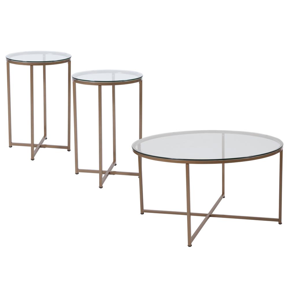 Coffee and End Table Set - Clear Glass Top with Brushed Gold Frame - 3 Piece Occasional Table Set. Picture 1