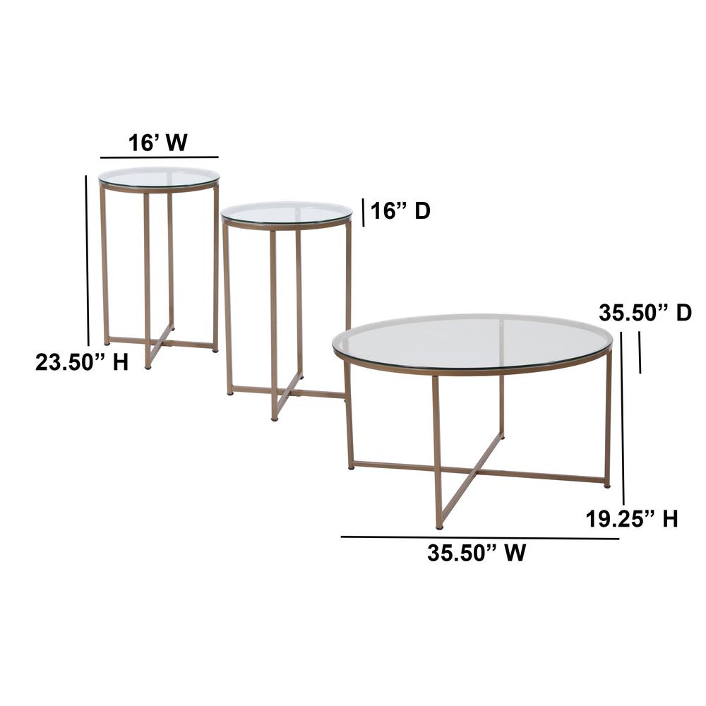 Coffee and End Table Set - Clear Glass Top with Brushed Gold Frame - 3 Piece Occasional Table Set. Picture 2