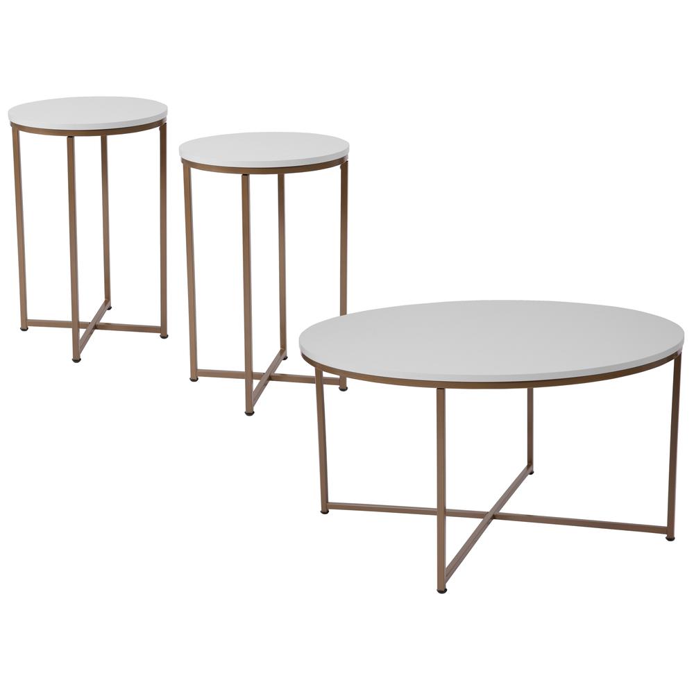 Coffee and End Table Set - White Laminate Top with Brushed Gold Crisscross Frame, 3 Piece Occasional Table Set. Picture 1