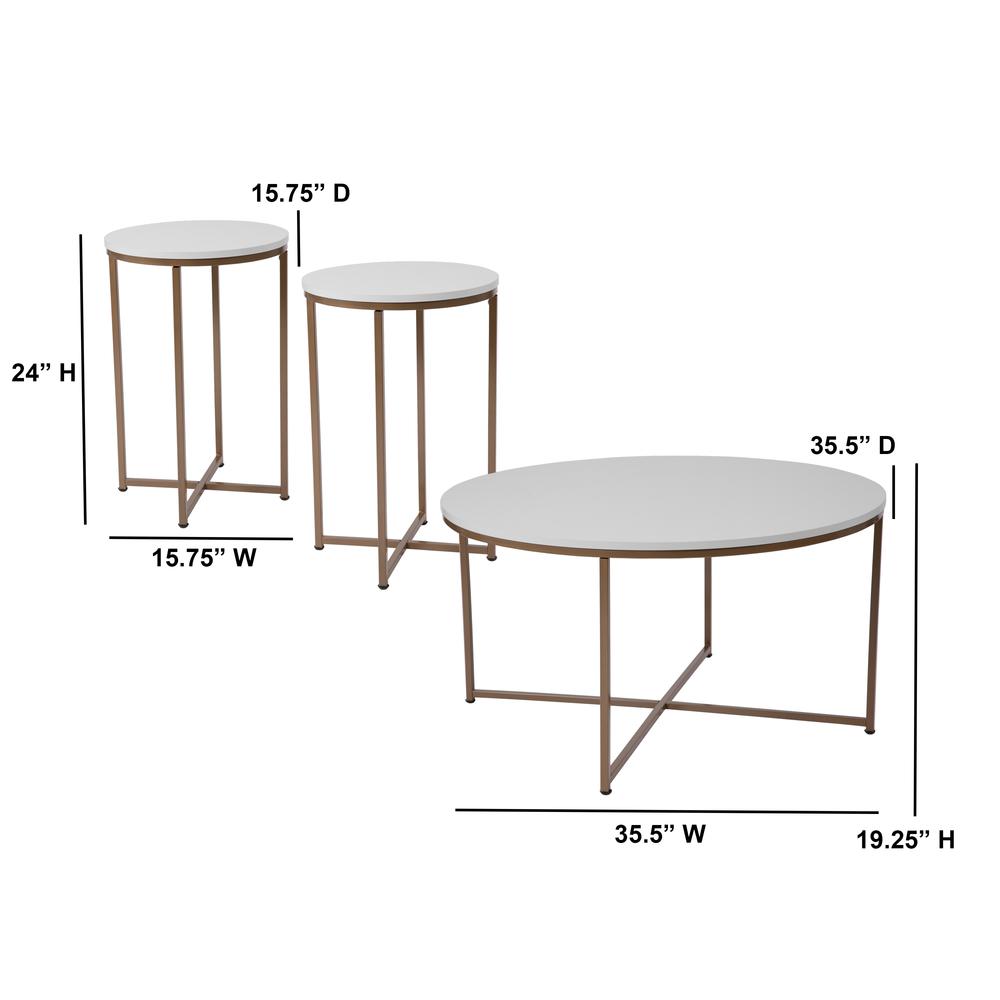 Coffee and End Table Set - White Laminate Top with Brushed Gold Crisscross Frame, 3 Piece Occasional Table Set. Picture 2