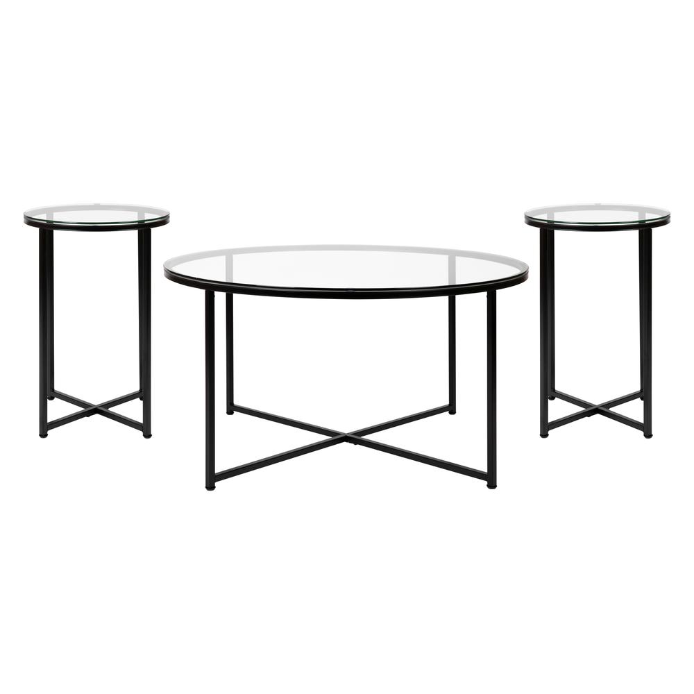 Coffee and End Table Set - Clear Glass Top with Matte Black Frame - 3 Piece. Picture 1