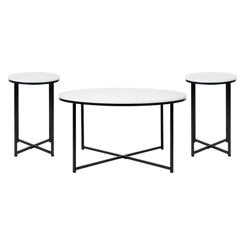 Coffee and End Table Set - White Top with Matte Black Frame, 3 Piece. Picture 1