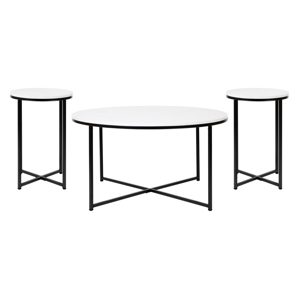 Coffee and End Table Set - White Marbled Top, Matte Black Frame, 3 Piece. Picture 1