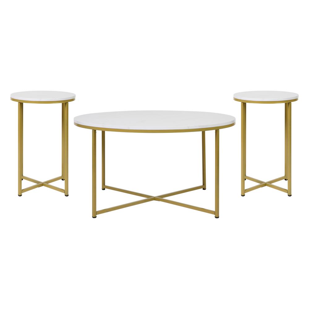 Coffee and End Table Set - White Marbled Top, Brushed Gold Frame, 3 Piece. Picture 1