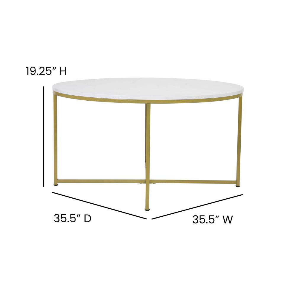 Coffee and End Table Set - White Marbled Top, Brushed Gold Frame, 3 Piece. Picture 6
