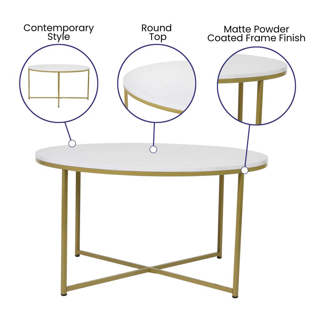 Coffee and End Table Set - White Marbled Top, Brushed Gold Frame, 3 Piece. Picture 4
