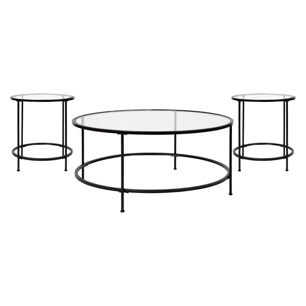Coffee and End Table Set - Clear Glass Top with Matte Black Frame - 3 Piece. Picture 1