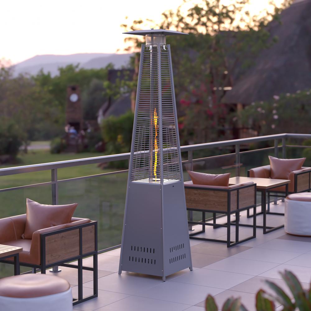 Patio Heating-Silver Stainless Steel Pyramid with Wheels. Picture 1