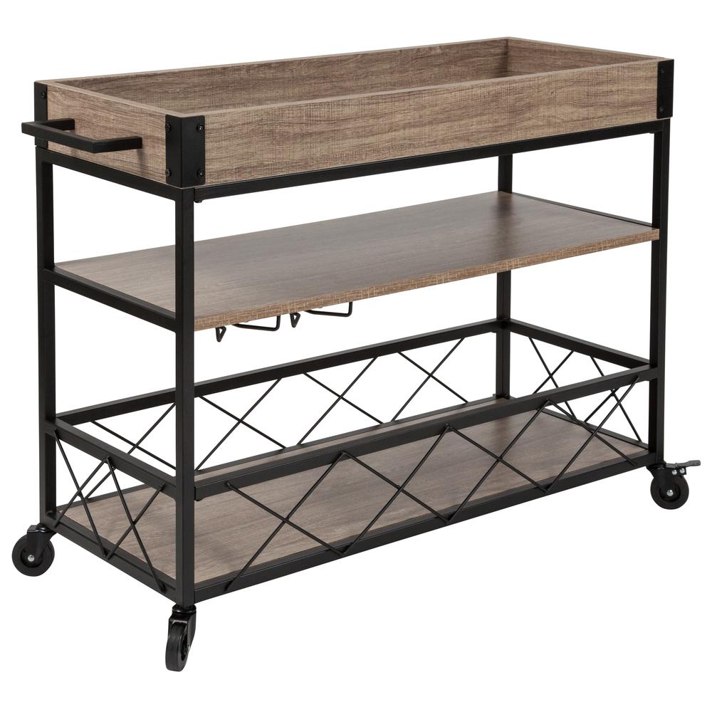 Distressed Light Oak Wood Kitchen Bar Cart with Stemware Rack and Panel Border Bottom Shelf. Picture 1